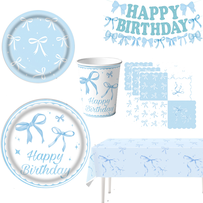 Light Blue Bow Birthday Party  - Table Cloth Disposable review and price